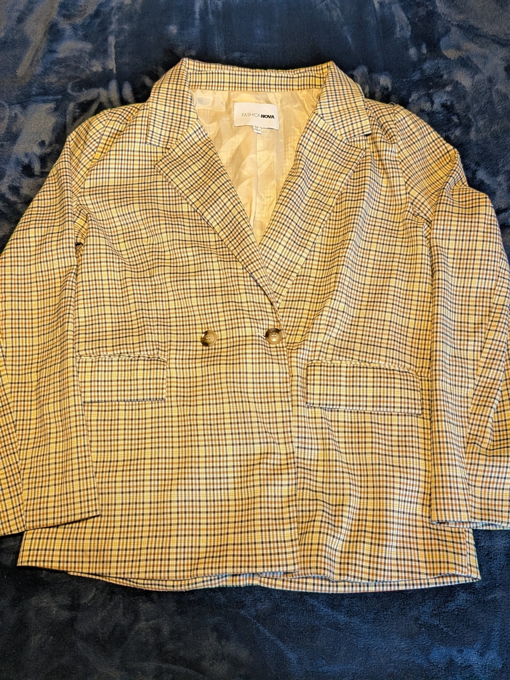 Fashion Nova Yellow Check Double-Breasted Blazer Medium